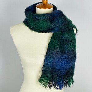 Cushendale Mohair Wool Scarf Blue Green Black Plaid Handmade Ireland Old Money